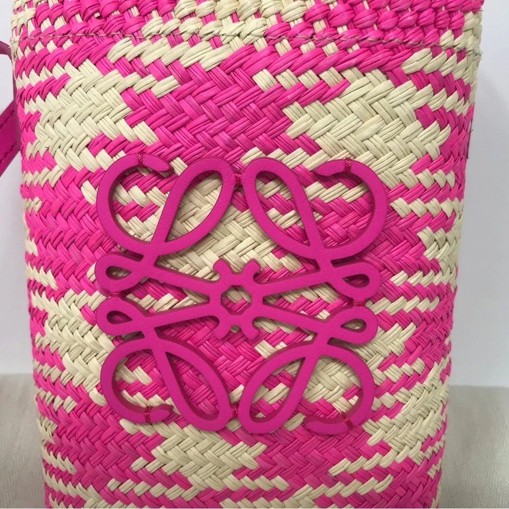 Loewe Raffia Anagram Bucket Bag, OS - Natural/Fuchsia - Pink